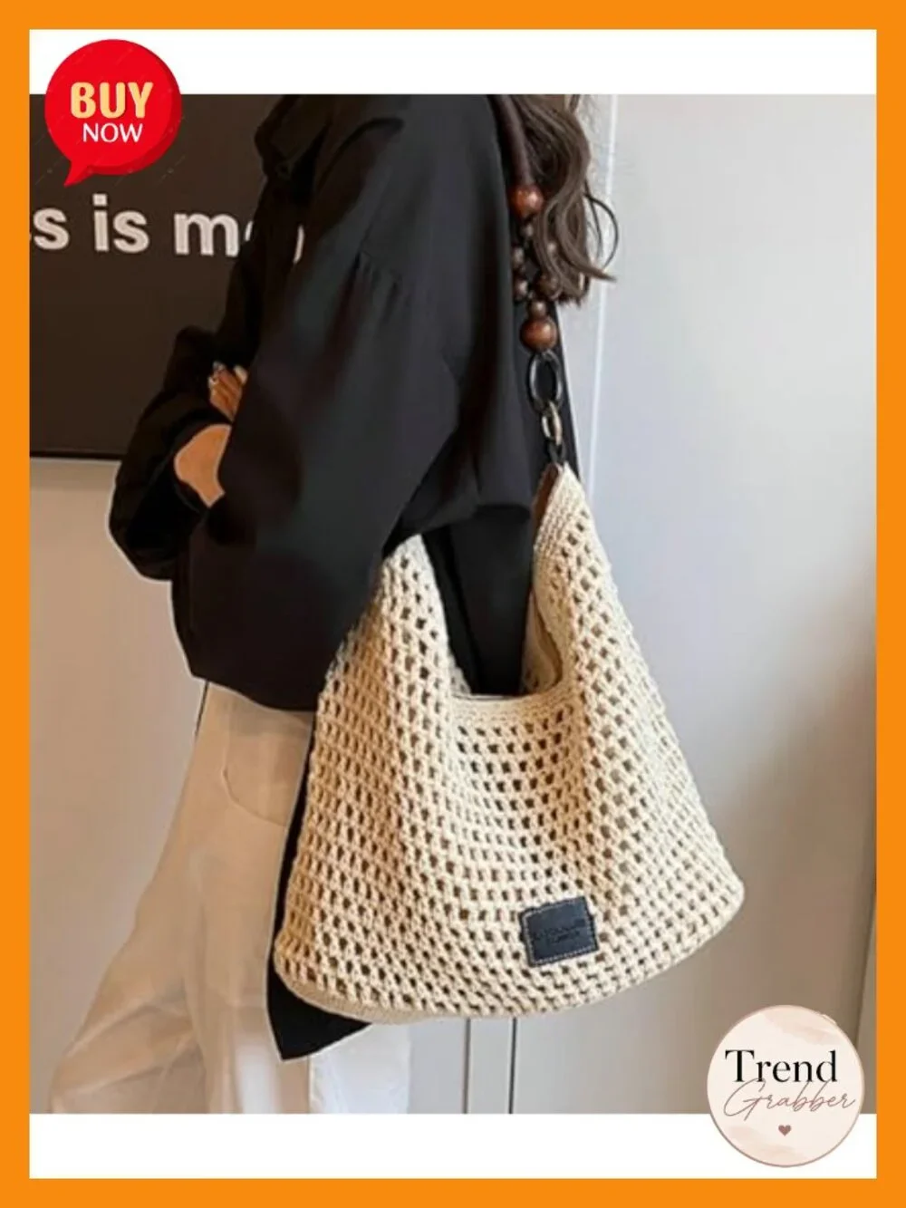 Crochet Summer Beach Bag Woven Cotton Mesh Hobo Handbag Bead Shoulder Bag